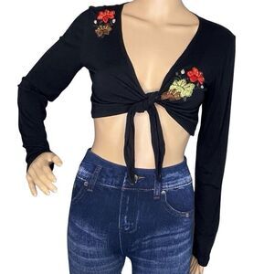 Rose Dimple Long Sleeve Tie Front CropTop Shirt Floral Embroidery Detail Black L
